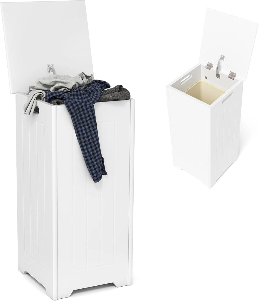 34 L Mobile Portabiancheria per Bagno, Cesto Organizzazione Lavanderia in Legno, in Stile Moderno, 30 x 30 x 61 cm, Bianco (Con Borsa Interna)