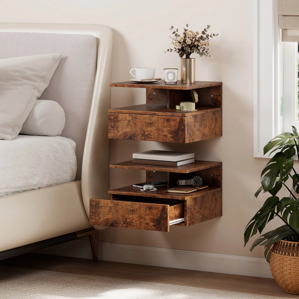 Comodini Sospesi con Cassetto e Mensola ¨C zephmum ¨C Marrone Rustico 35x32x22.5 cm