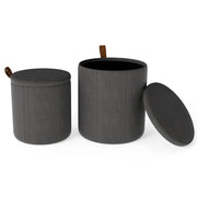 Pouf rotondo con contenitore set da 2 sgabelli a incastro con coperchi removibili, Pouf poggiapiedi in velluto a coste Grigio-Sgabelli