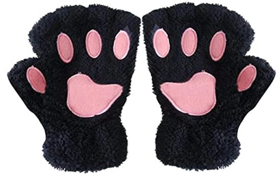 Manopole invernali con piedini di gatto pelosi, guanti senza dita morbidi a pelo per donne e ragazze adolescenti, accessori cartoon-kawaii carini