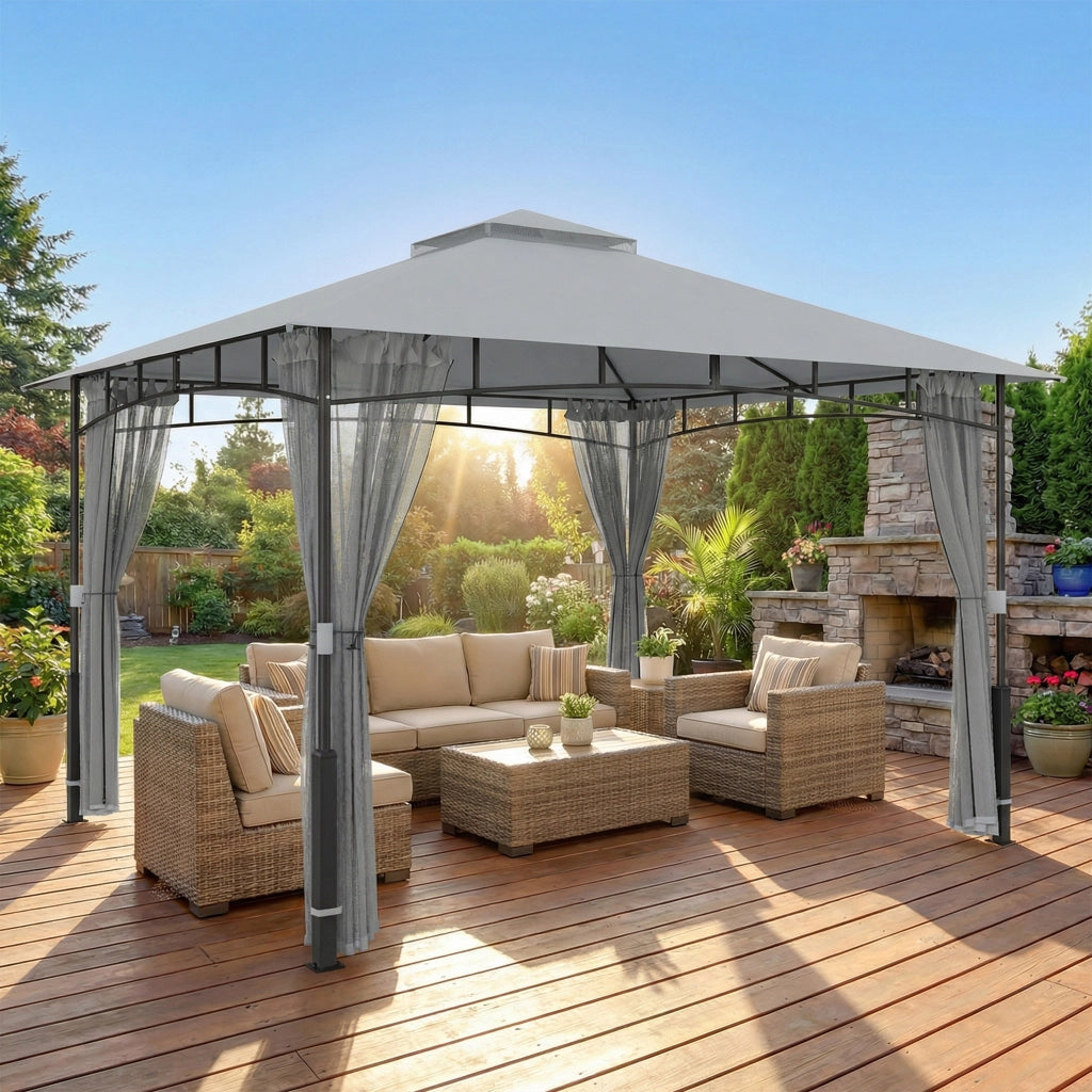 Gazebo da Giardino ¨C Xylo ¨C Doppio Tetto Pareti in Rete UPF50+ Grigio 360x300x275cm