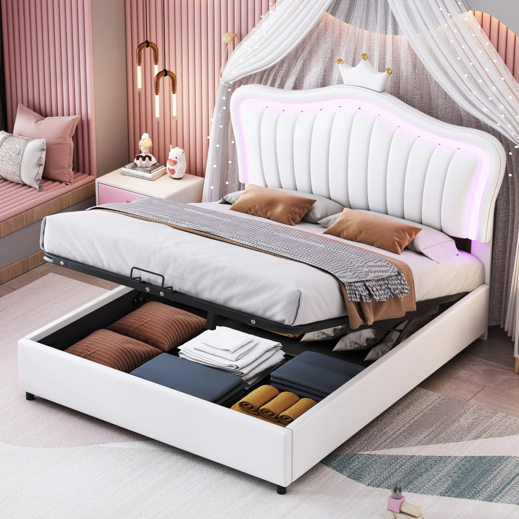 LETTO IMBOTTITO 140x200 cm Bianco con LED e contenitore idraulico
