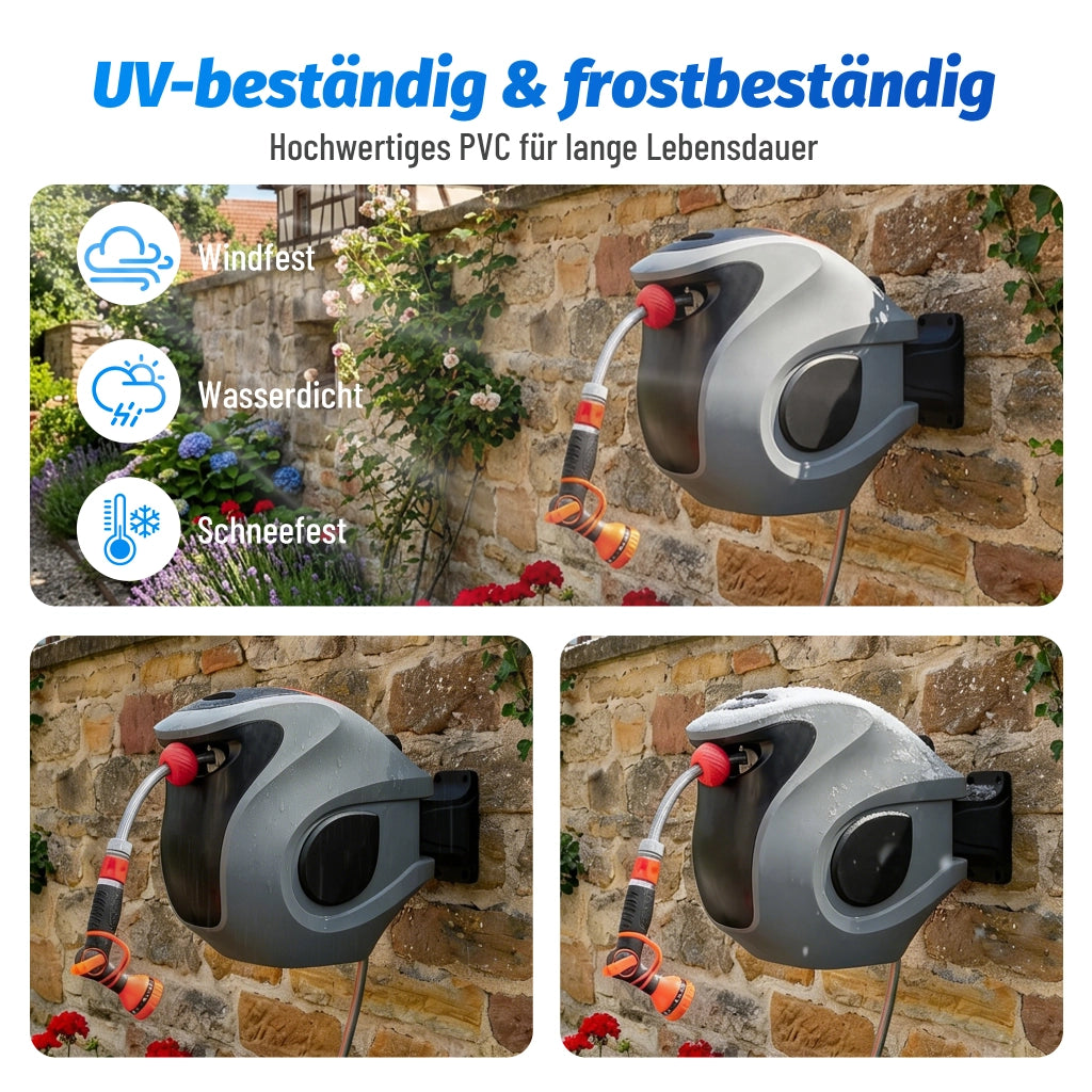 Avvolgitubo Automatico 30m con Staffa a Muro e Ugello 9 Funzioni ¨C MINIMAL ¨C Grigio/Rosso