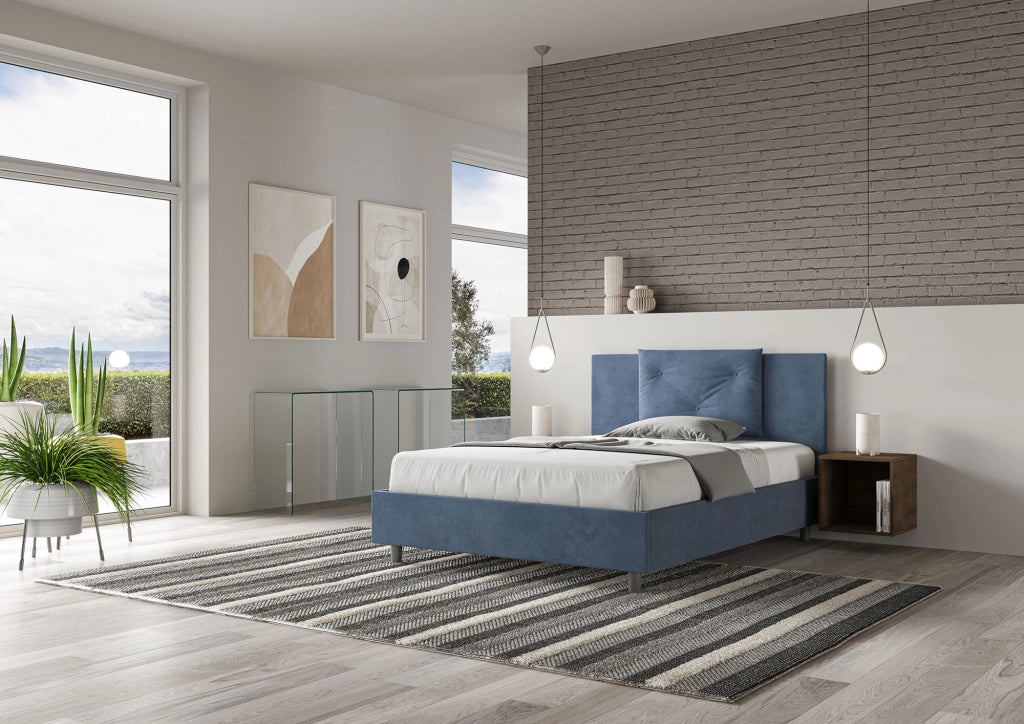 BS COM Letto una piazza e mezza senza rete imbottito 130x190 microfibra blu