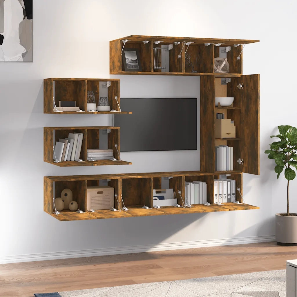 Set Mobili Porta TV 8 pz Rovere Fumo in Legno Multistrato