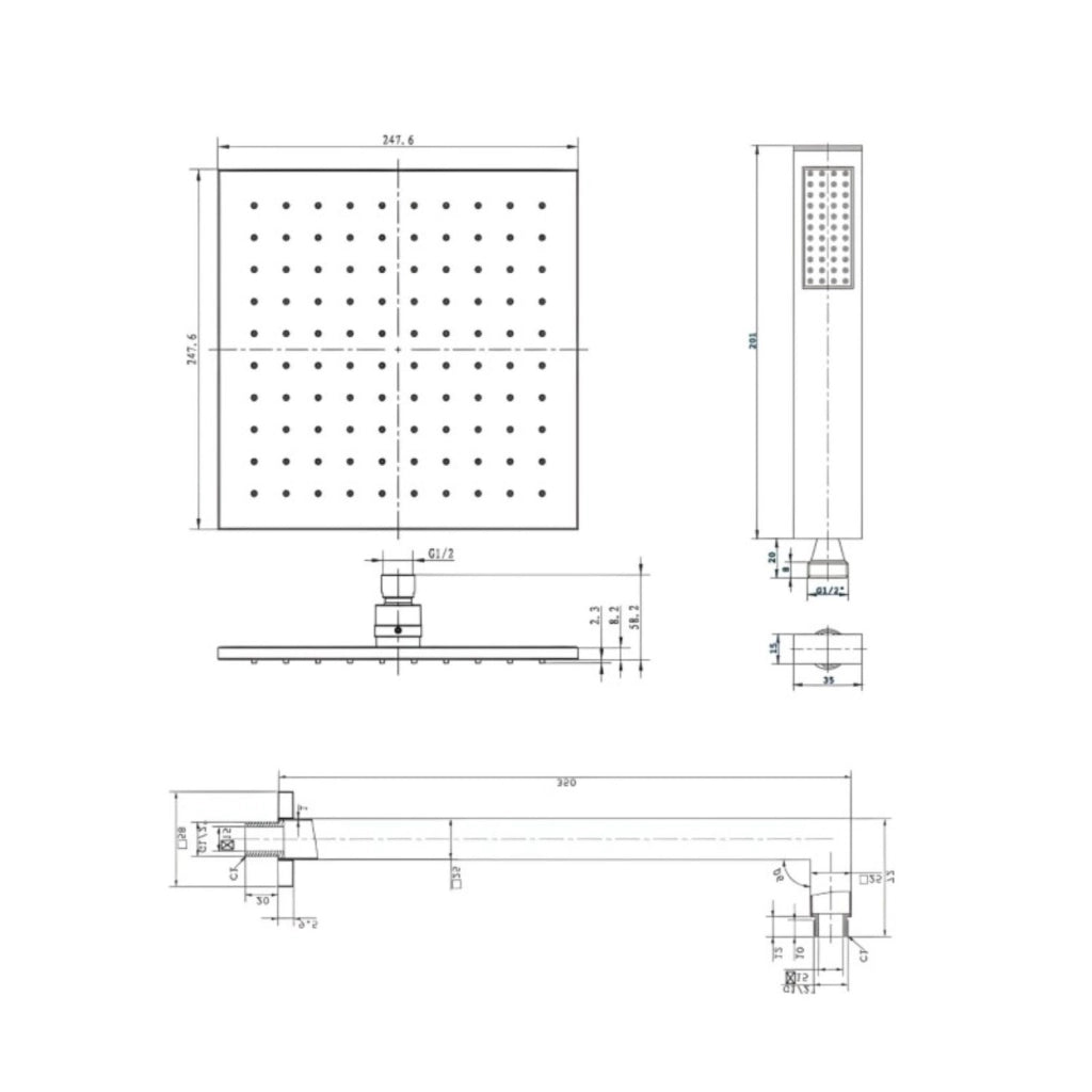 Set per doccia soffione quadro in acciaio inox 25x25 millimetri color oro *** finitura- oro matt satinato, confezione 1