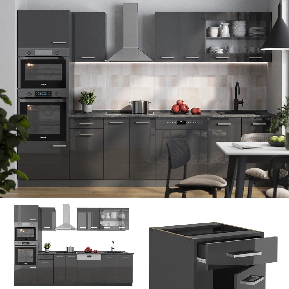 Cucina componibile R-Line Antracite lucido/Antracite 300 cm con armadio alto, PL Antracite Vicco