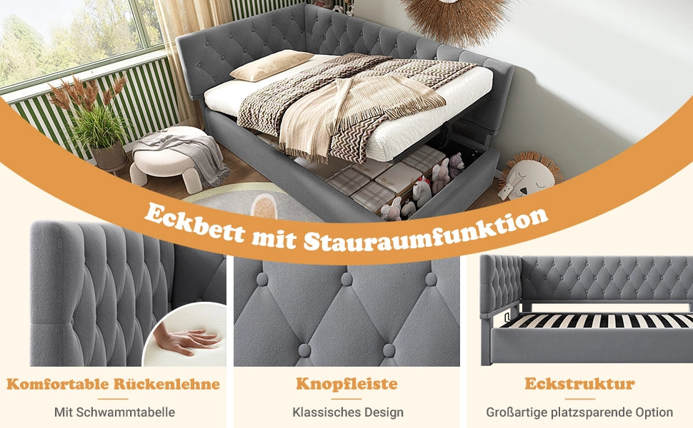 DESMIU Divano letto 90 × 190 cm 1 posto con contenitore idraulico e testiera reversibile, senza materasso, in velluto, grigio