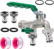 Acquasamoggitorio universale per giardino 1/2 pollici 3/4 pollici - doppio rubinetto in lega di alluminio - 2 fuoriuscite d'acqua - 2 O-ring - 2 cinture di sigillaggio - esterno