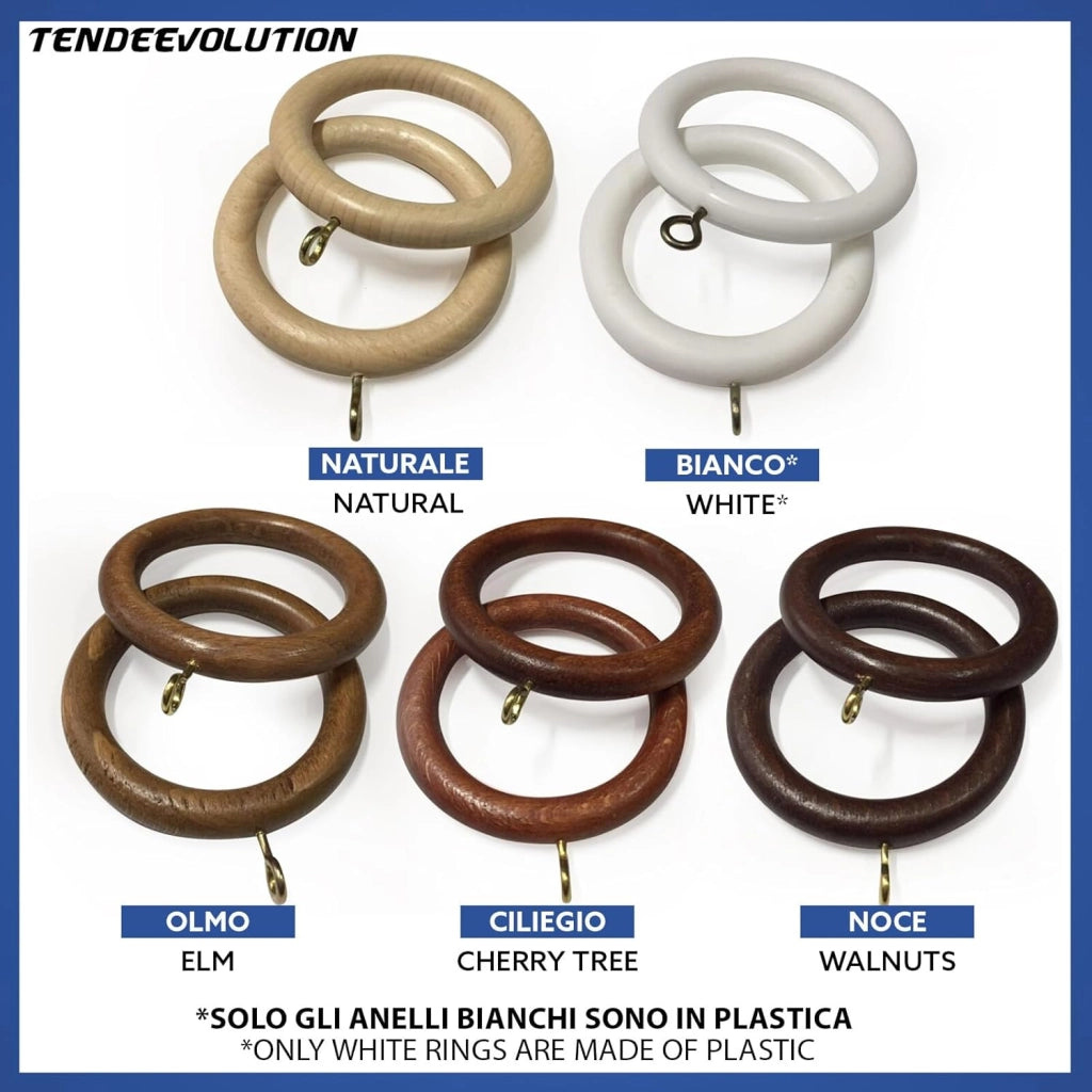 Set di 10 Anelli in Legno Colore Olmo per Bastoni di Tenda in Legno, Diametro 35mm - Robusti ed Eleganti