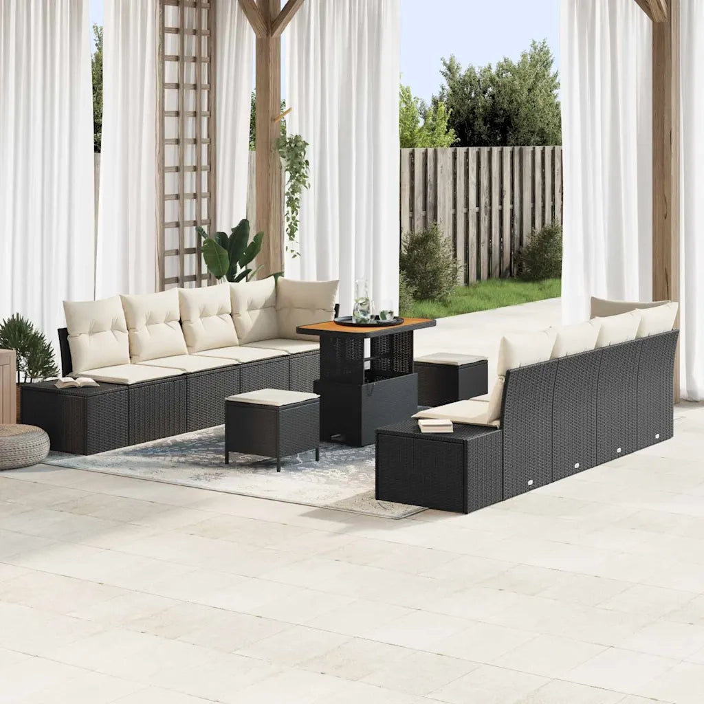 Set Divano da Giardino con cuscino 11 pcs Nero Poly Rattan