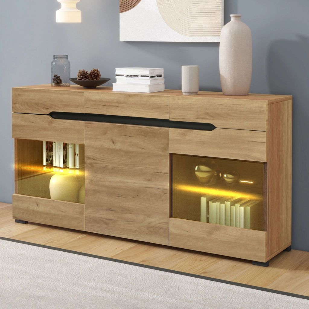 MADIA Set da 3 pezzi in rovere con LED, 3 cassetti