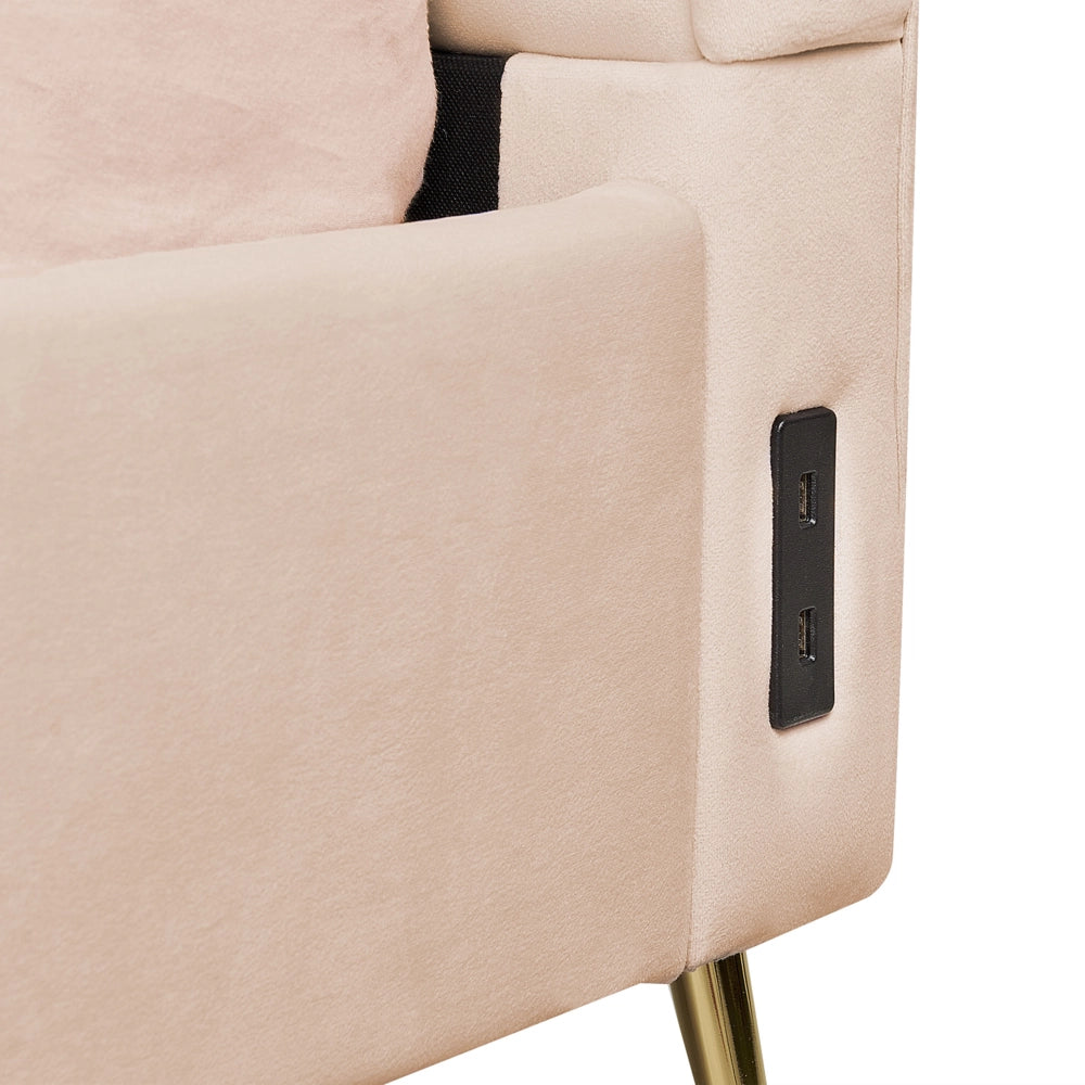Letto in velluto beige rivestito con gambe in metallo dorato UE Dimensioni doppie 180 x 200 cm con testata con porta USB Camera da letto moderna e glam.