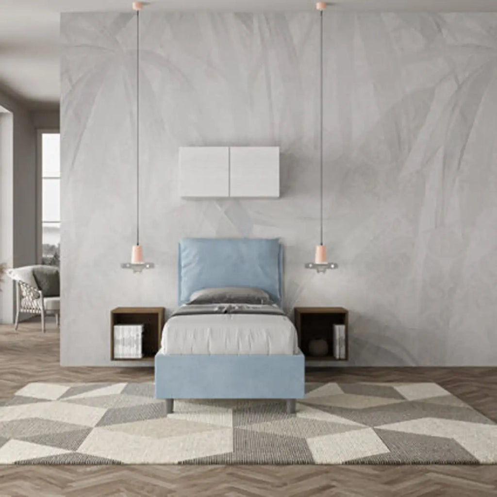 Letto singolo con rete imbottito 80x190 microfibra azzurro Antea