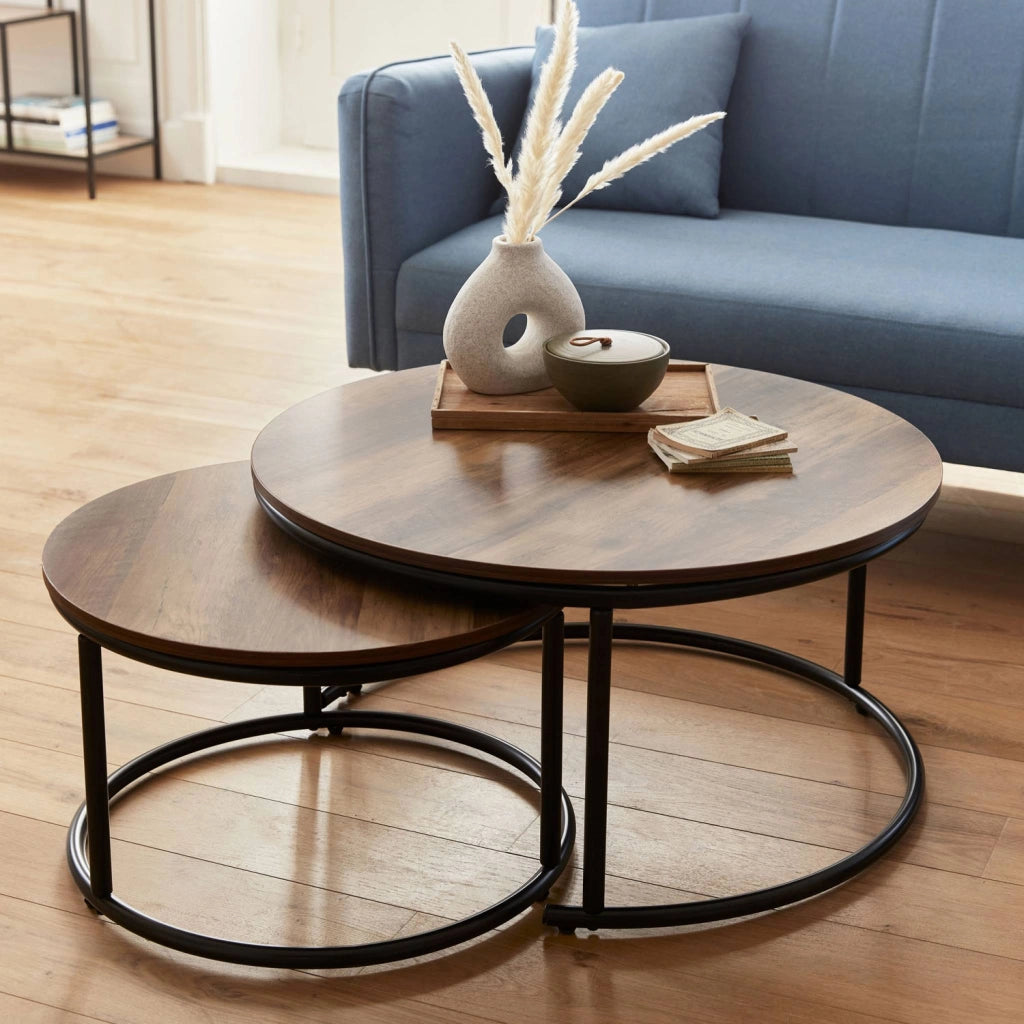 Set di 2 tavolini rotondi in metallo e legno, marrone naturale