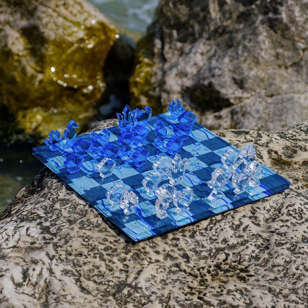 GIOCO DA TAVOLA SCACCHI E DAMA OCEAN IN CRISTALLO ACRILICO TRASPARENTE E BLU