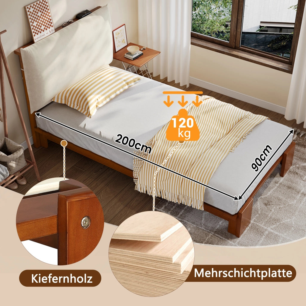 letto imbottito legno e tessuto marrone scuro 90 x 200 cm
