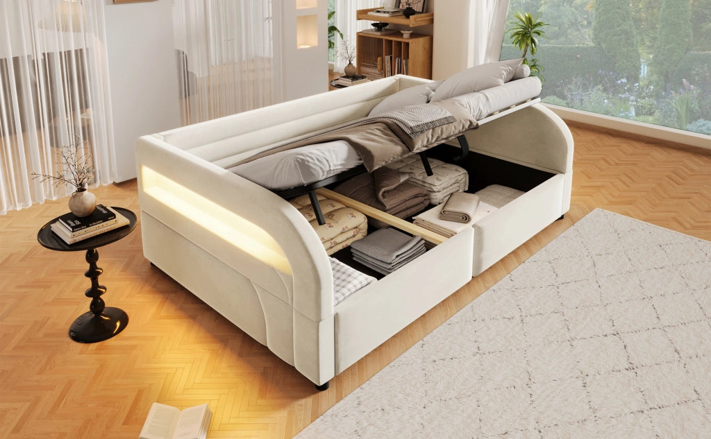 DESMIU Lit con contenitore 140 × 200 cm 2 posti con apertura idraulica, LED, senza materasso, in flanella, beige