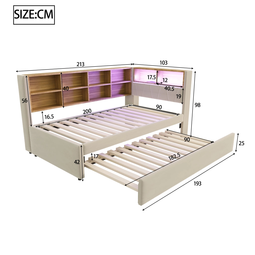 DIVANO LETTO Estraibile 90x200 cm Flanella Beige con LED e prese