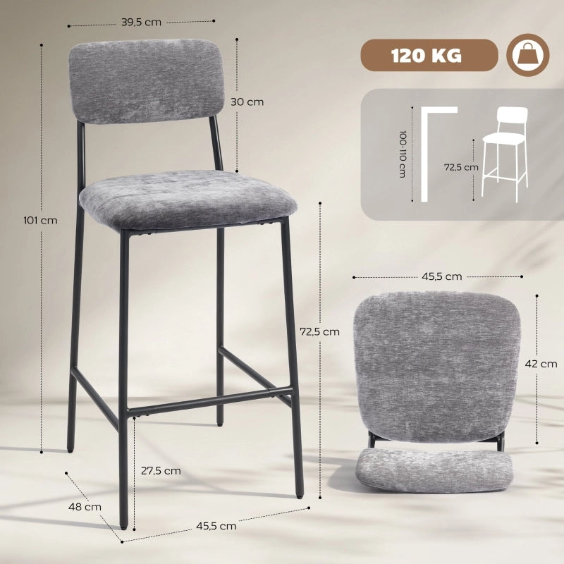SGABELLO BAR Imbottito 45,5x48x101 cm Chenille Grigio Set da 2 pezzi
