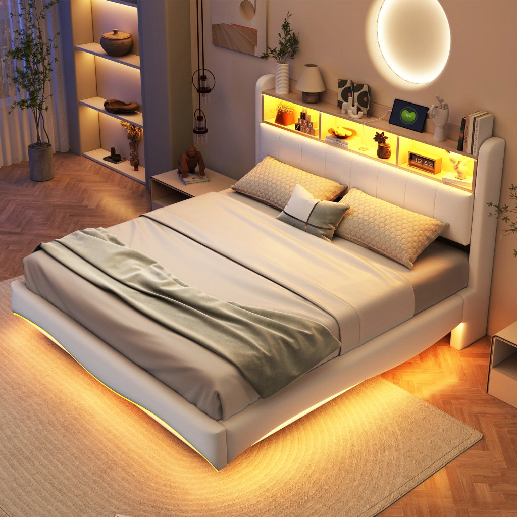 LETTO Imbottito Sospeso 160x200 cm Beige con LED e USB Type-C