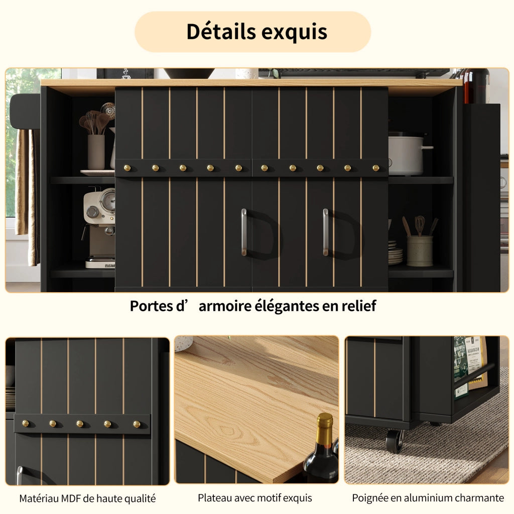 OKWISH Carrello da Cucina con 2 Ante Scorrevoli e 3 Cassetti, Piano Ribaltabile, Portasciugamani e Ruote, 110 × 42 × 90 cm
