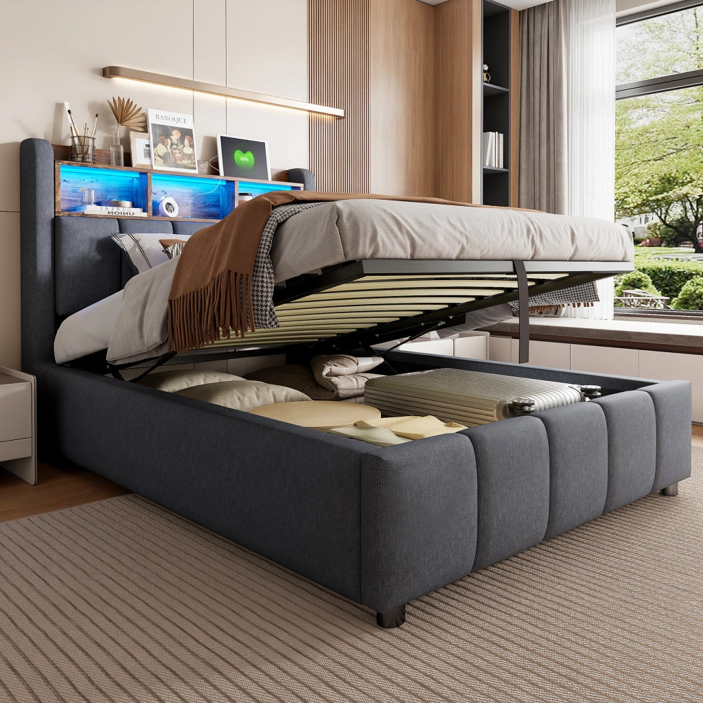 LETTO imbottito 90x200 cm Grigio con LED, USB e vano contenitore