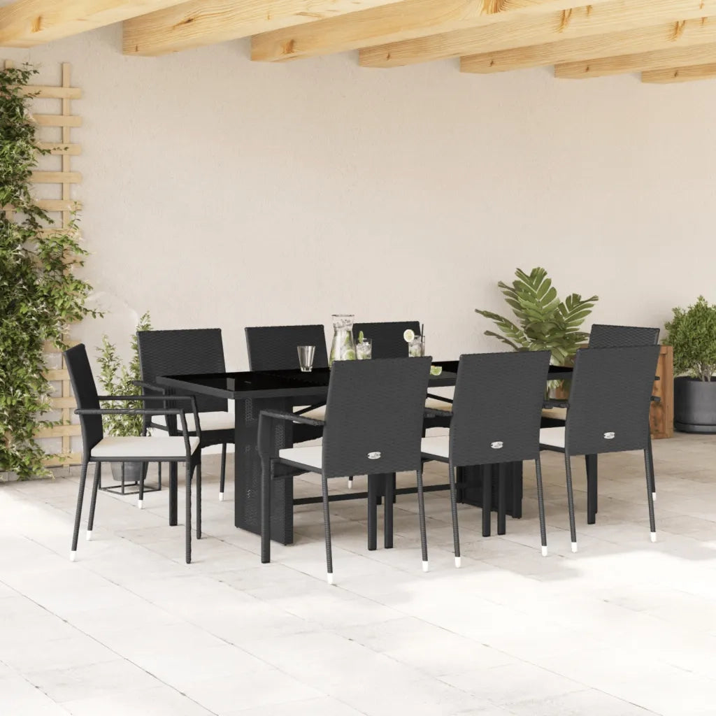 Set da Pranzo da Giardino 9 pz con Cuscini Nero in Polyrattan 3213495