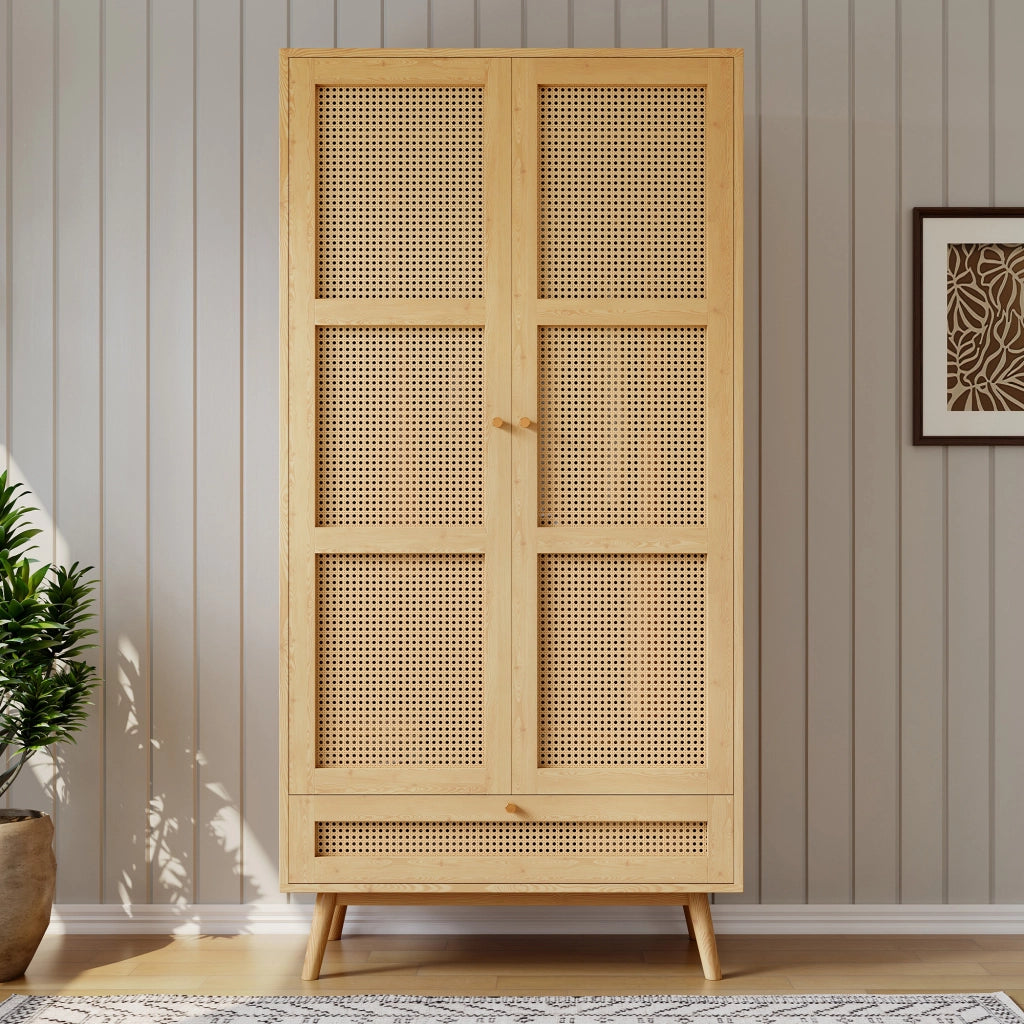 Armadio Camera da Letto 90×45×183 cm con Porte in Rattan; Barra Porta Abiti e Spazio Salvaspazio Inferiore