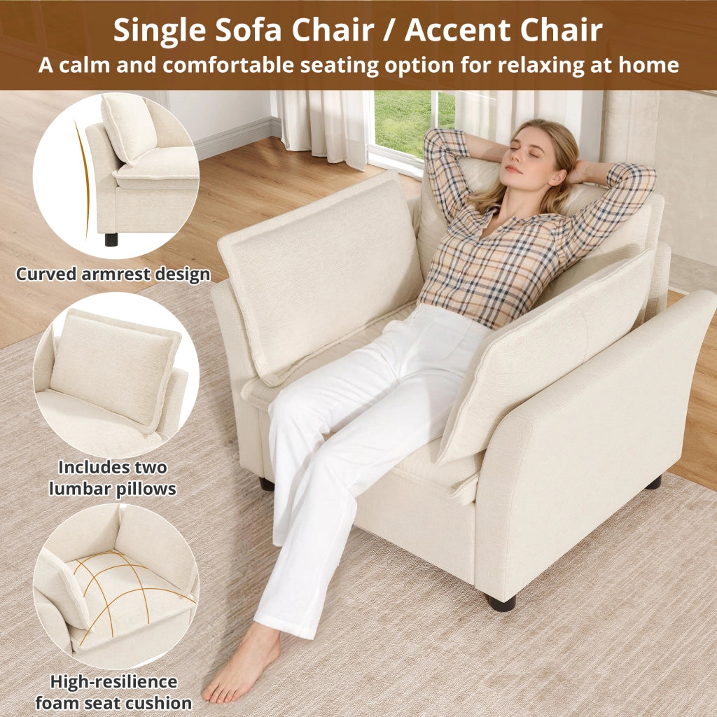 Divano modulare 3 posti con 2 poltrone e cuscini; in chenille beige