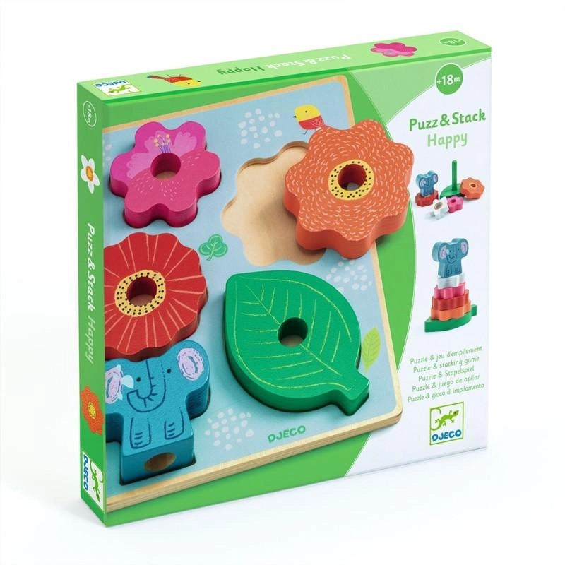 Puzzle e gioco di impilamento in legno,Djeco,Eta18 mesi+