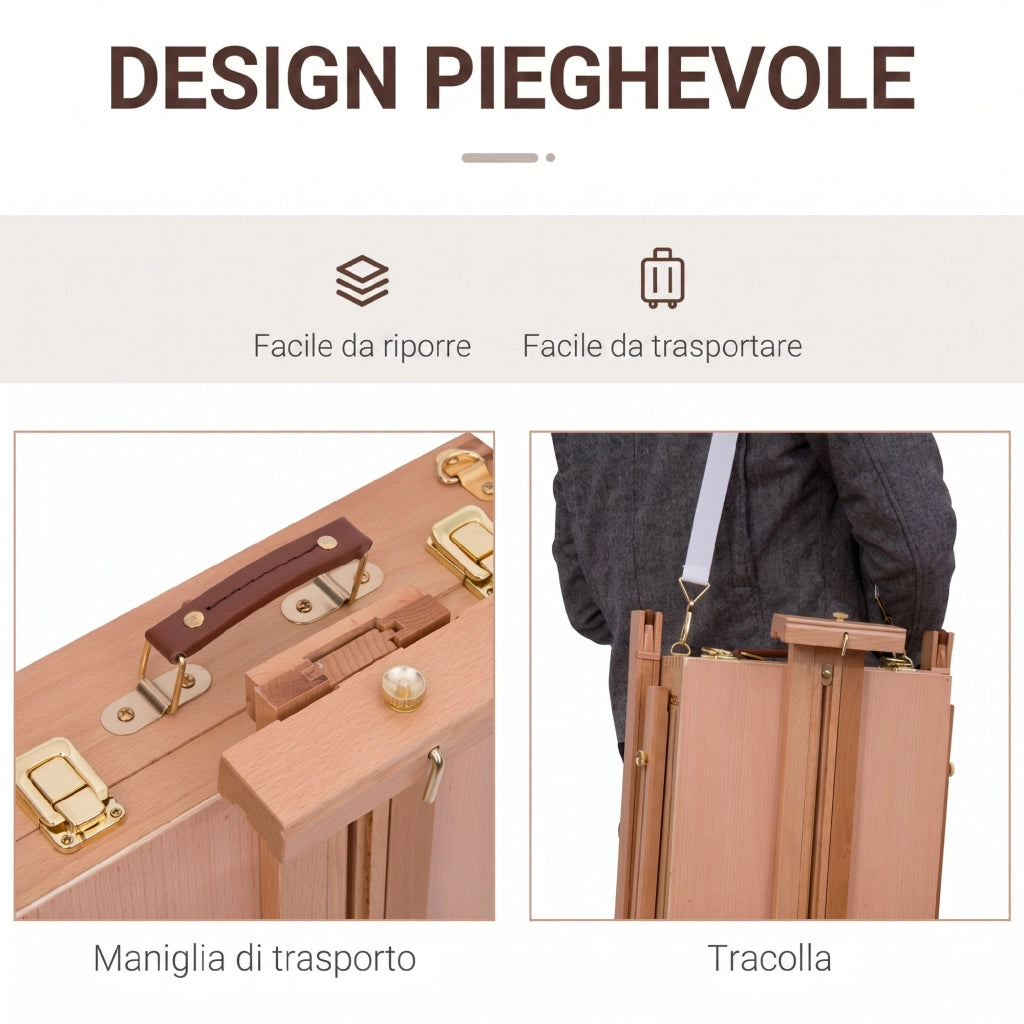 Cavalletto Treppiede con Cassetto Tavolozza e Tracolla ad Altezza Regolabile in Legno di Faggio Naturale