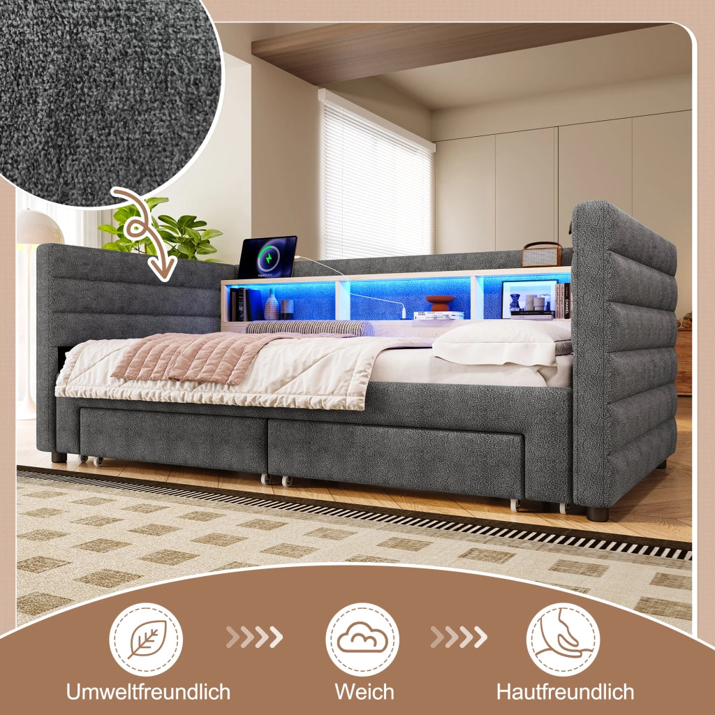 LETTO estraibile 90x190 cm in velluto grigio con LED, 2 cassetti e USB/Type-C