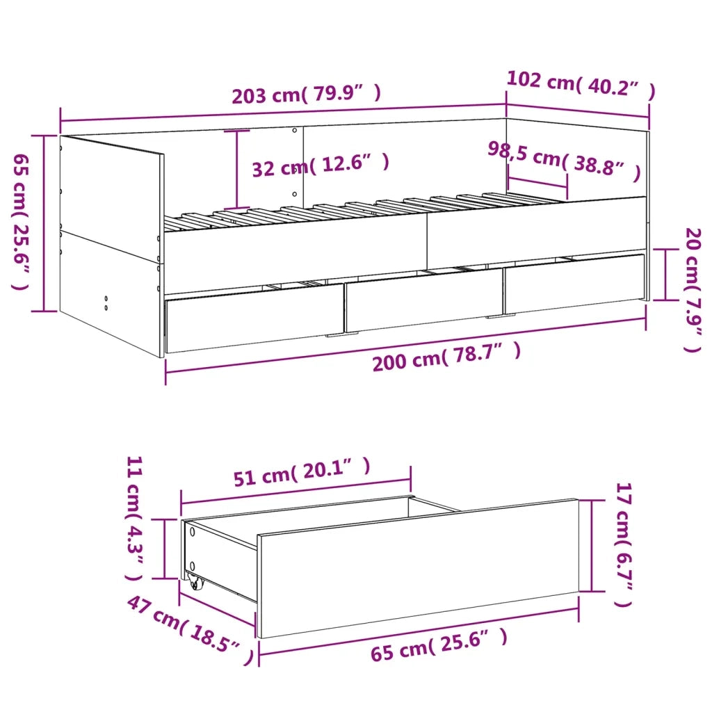 Divano Letto con Cassetti senza Materasso Rovere Fumo 100x200cm 3280815