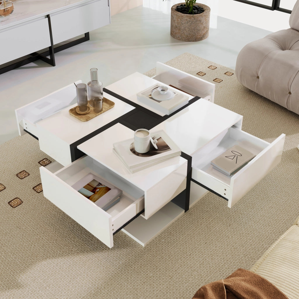 Tavolino da salotto quadrato 4 cassetti con ripiano aperto, finitura lucida, per soggiorno, in truciolare, bianco, 78 × 78 × 36 cm