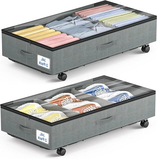 Commoda sotto letto pieghevole con ruote e coperchio - Grigio - 2 pezzi