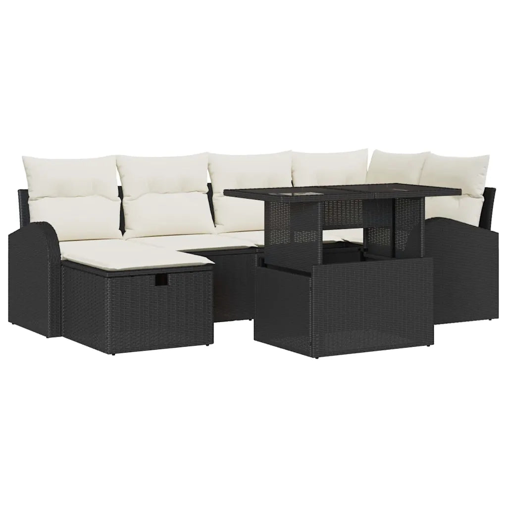 Set Divano da Giardino con cuscino 7 pcs Nero Poly Rattan