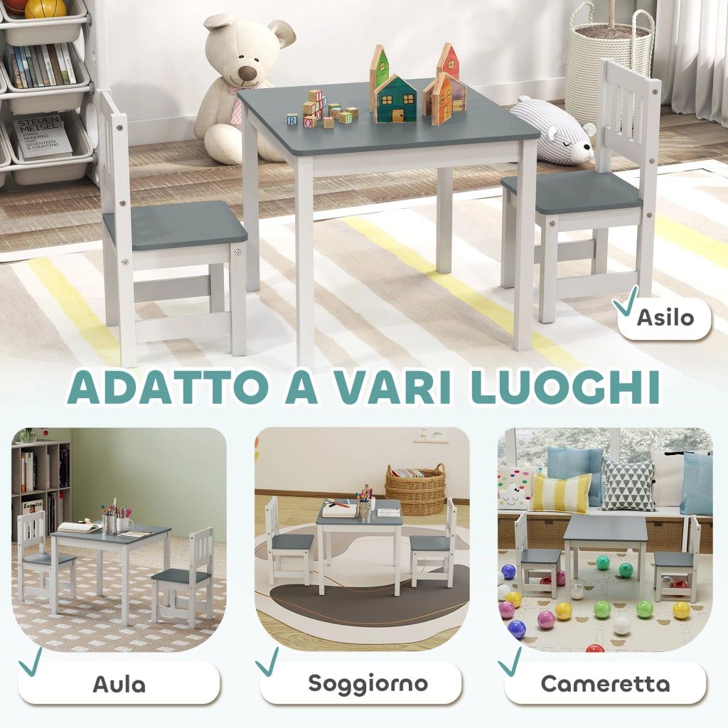 Set Sedie e Tavolo Bambini 3 Pezzi ¨C Minimal ¨C Legno Grigio e Bianco