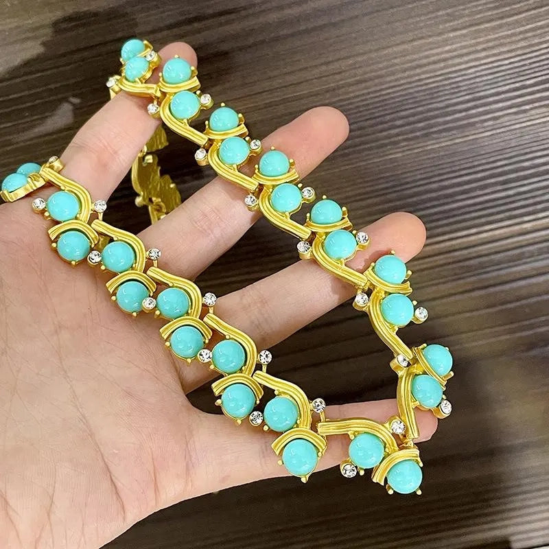 Orecchini vintage fatti a mano con fiori blu e collana di cristallo, regalo di Natale o compleanno.