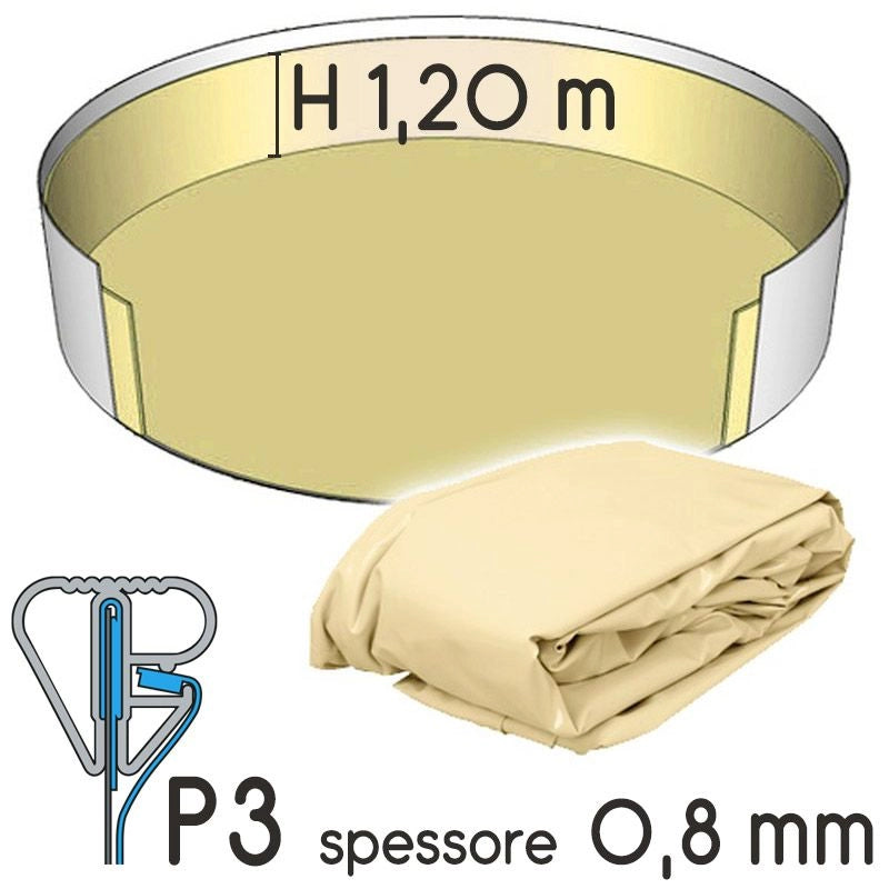 Liner Per Piscina A Forma Circolare  3,20 X H. 1,50 M Azzurro - Attacco P3 - Spessore 0,80 Mm Colore: Sabbia, Altezza: 1.20 m, Tipo attacco: P3
