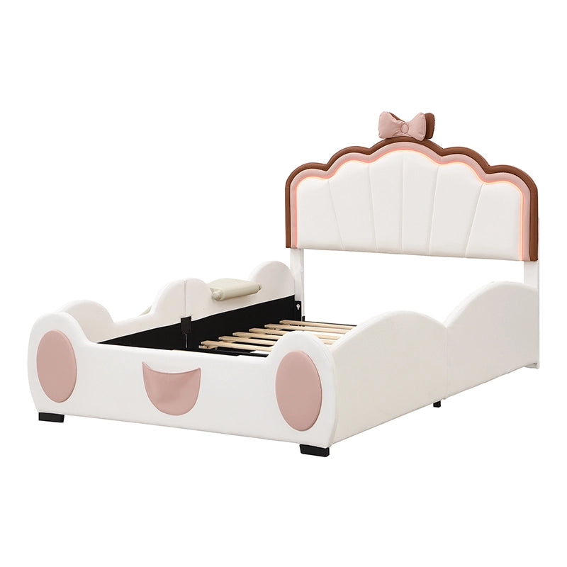 Letto per bambini 140x200 cm a farfalla con LED multicolore, scivolo e scale, rosa e bianco