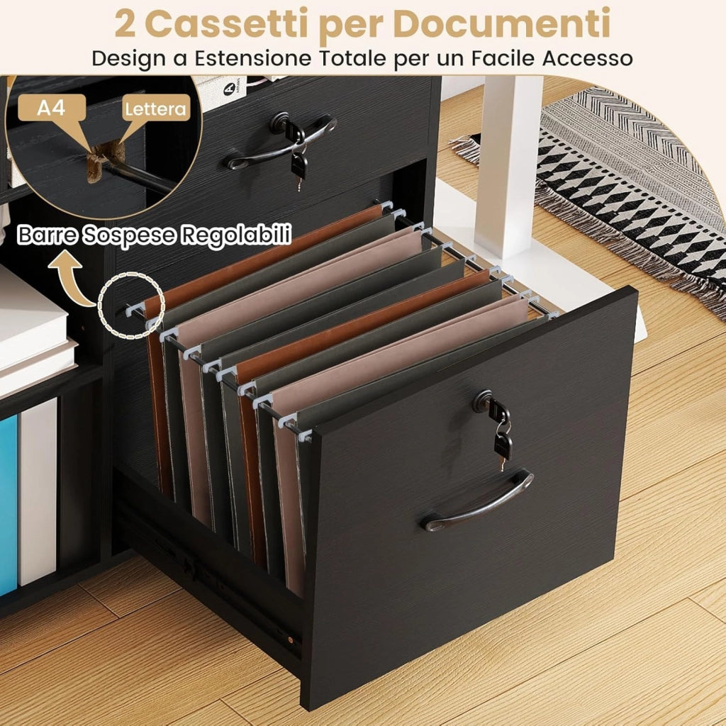 Armadietto Portadocumenti, Mobile da Ufficio Laterale con 4 Cassetti Adatto per File Formato A4/Lettera e 5 Ruote Universali Bloccabili, Credenza in Metallo per Scrivania (Nero)