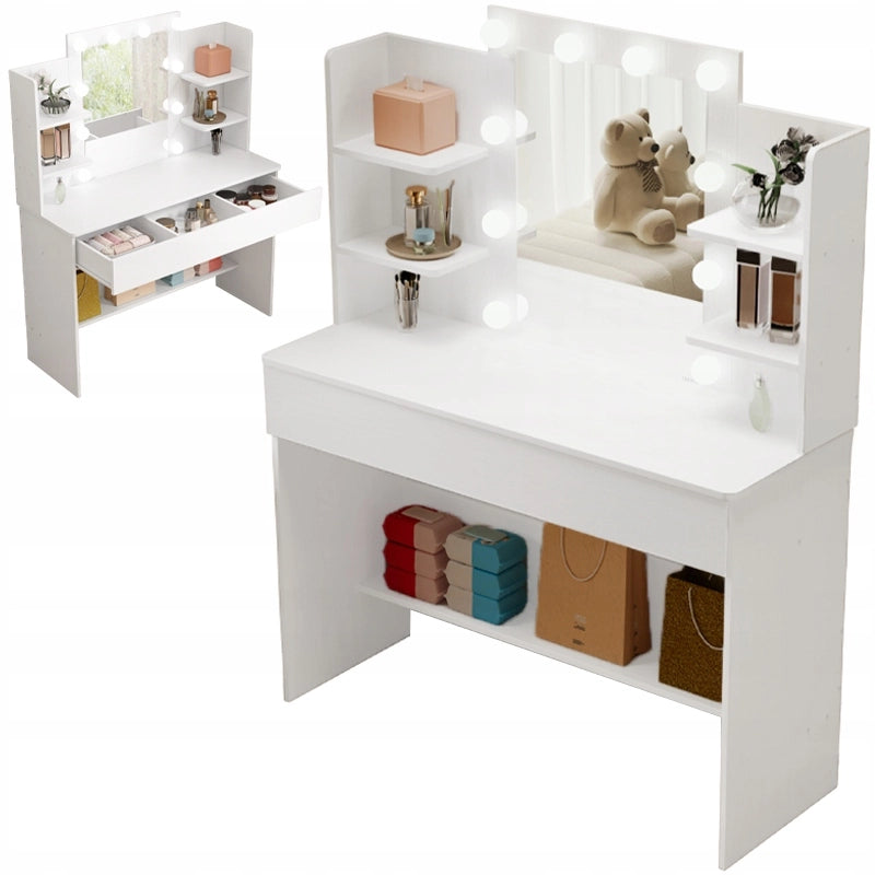 Tavolo da trucco moderno con specchio a LED, 110 cm, presa elettrica