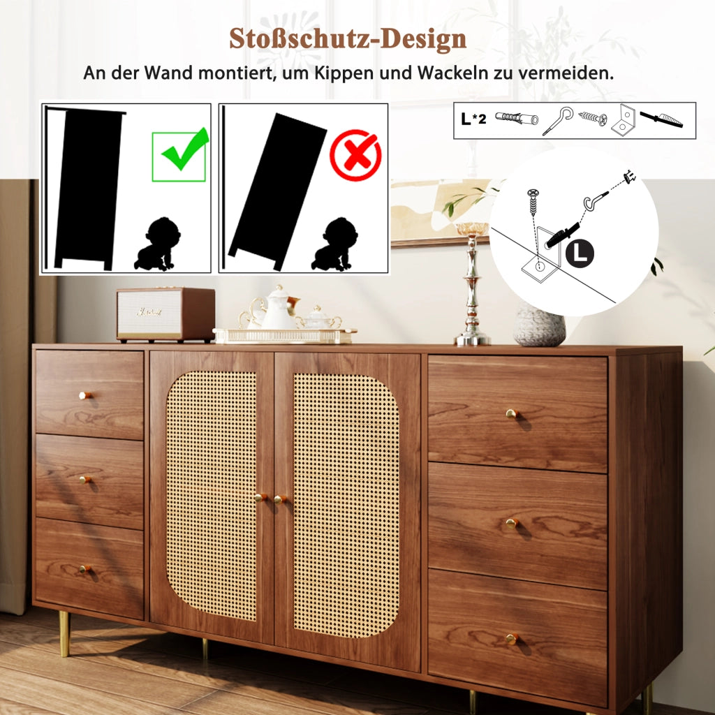 CREDENZA 160x40x90 cm in MDF colore legno con ante in rattan