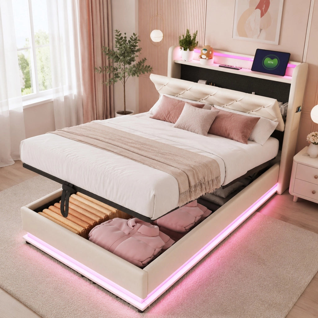 LETTO Imbottito 90x200 cm Beige con LED, USB e contenitore idraulico