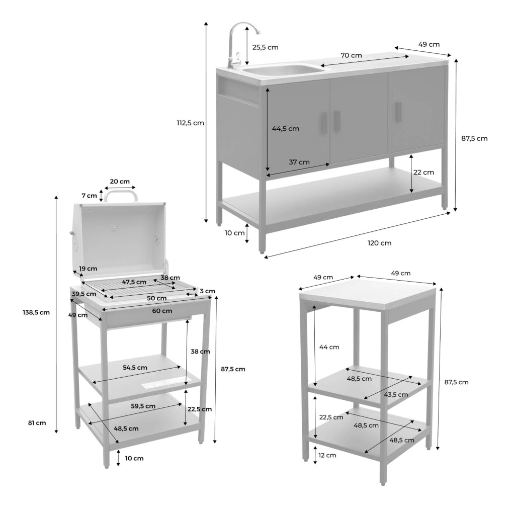 Cucina da esterno, 3 moduli e barbecue a carbone, blu grigio