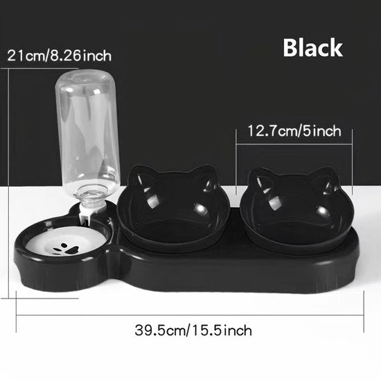 Ciotola per animali con dispensatore di acqua, set 3 in 1 ciotola e dispensatore di acqua inclinabile per gatti, con flacone di acqua a gravità per protezione del collo (nero).