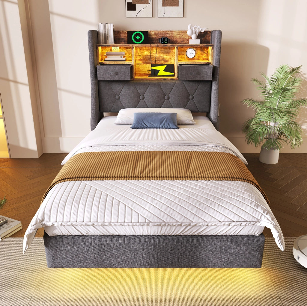 Letto singolo 90x200 cm con LED, USB, contenitore e materasso incluso