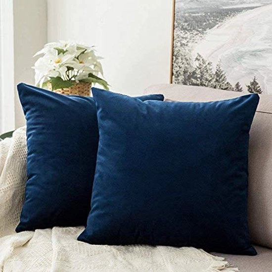 Set di 2 cuscini decorativi in tessuto liscio, morbidi e quadrati, cuscini per divano, camera da letto, blu scuro, 40x40 cm