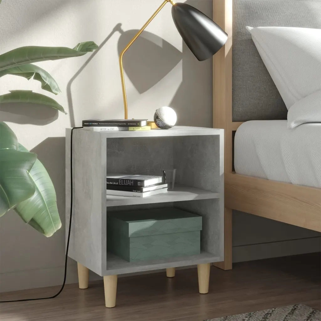 Comodino con Gambe in Legno-Tavolino da notte Massello Grigio Cemento 40x30x50 cm 114323